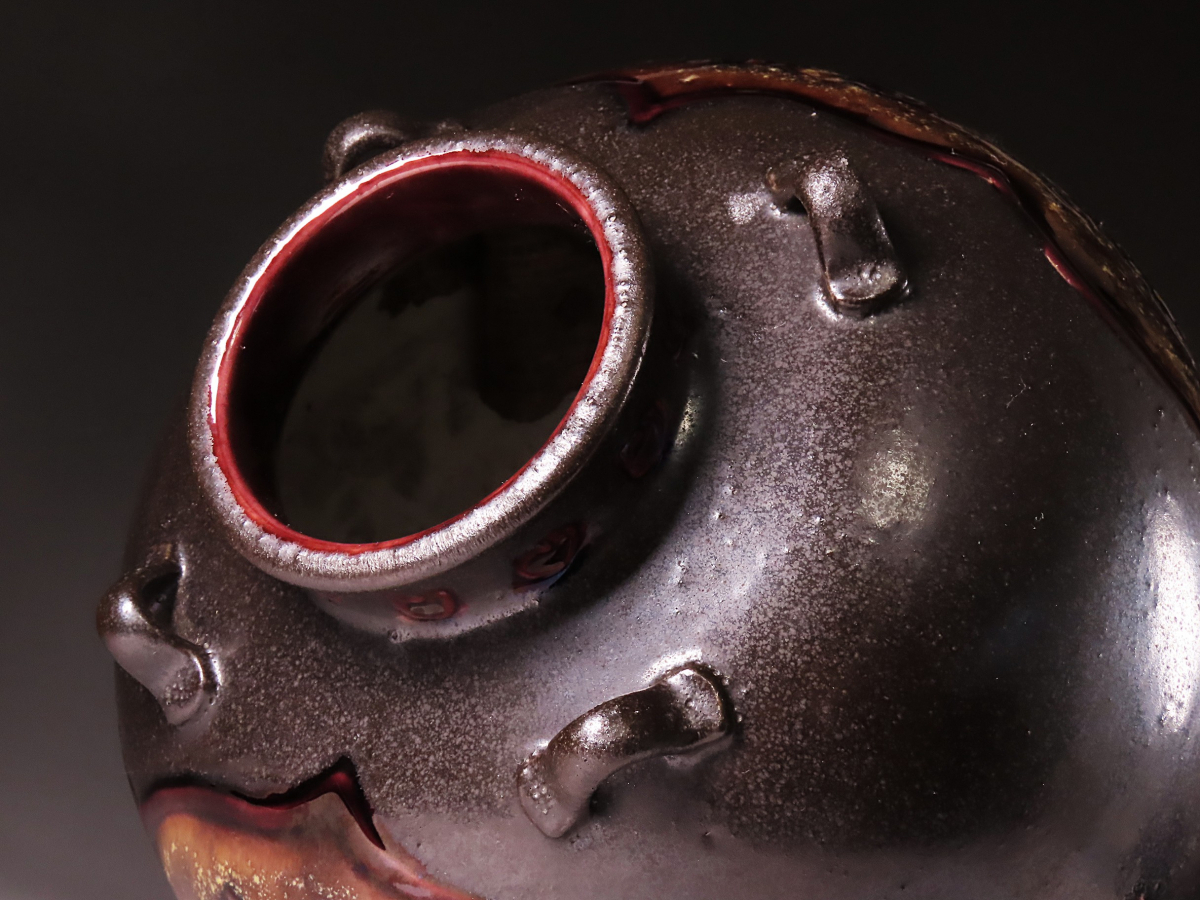 【ONE'S】九谷焼の巨匠 初代 徳田八十吉 本人作 最上位大型作品 欽朗釉花文耳付花瓶 飾壷 高29.3cm 共箱付 古美術品_画像6