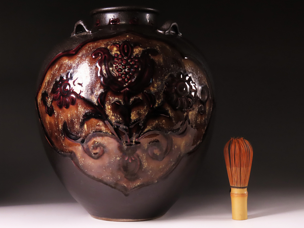 【ONE'S】九谷焼の巨匠 初代 徳田八十吉 本人作 最上位大型作品 欽朗釉花文耳付花瓶 飾壷 高29.3cm 共箱付 古美術品_画像9