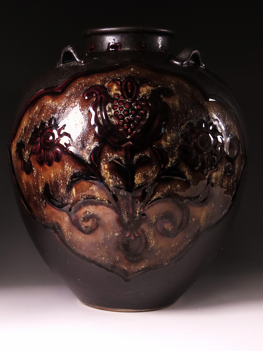 【ONE'S】九谷焼の巨匠 初代 徳田八十吉 本人作 最上位大型作品 欽朗釉花文耳付花瓶 飾壷 高29.3cm 共箱付 古美術品_画像2