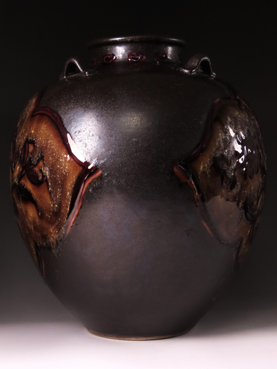 【ONE'S】九谷焼の巨匠 初代 徳田八十吉 本人作 最上位大型作品 欽朗釉花文耳付花瓶 飾壷 高29.3cm 共箱付 古美術品_画像5