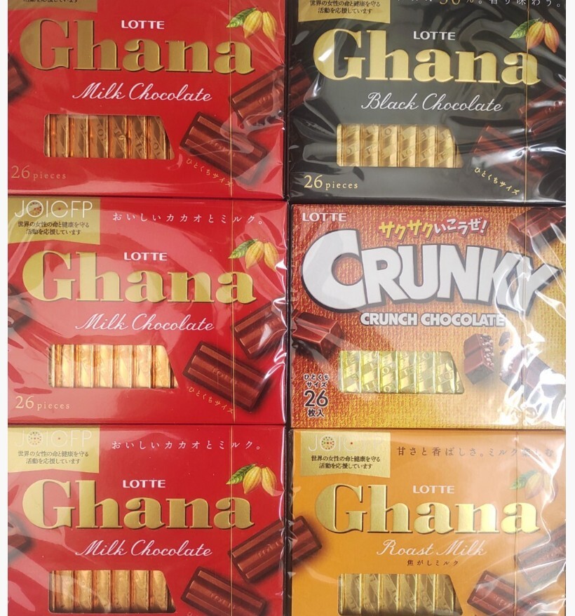 ロッテ　ガーナ　クランキー ミルク ブラック クランチ 焦がしミルクなどチョコレート4種　26枚入りBOX6箱　　LOTTE Ghana_画像1