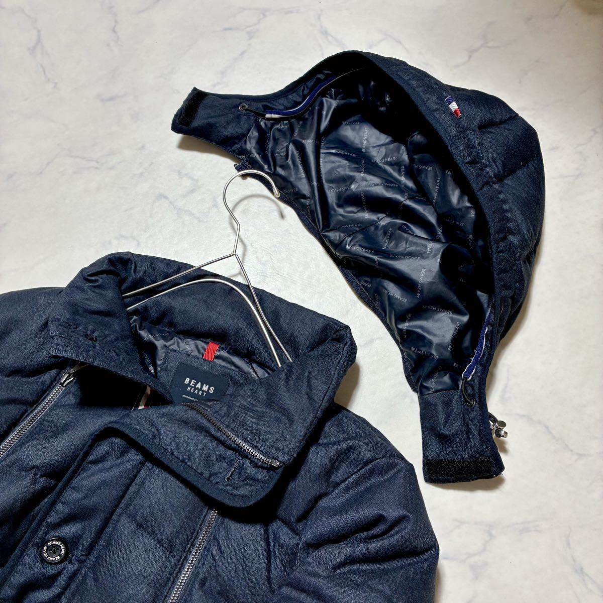 大人気ダウン◎BEAMS HEART ビームスハート ダウンジャケット トリコロール ブルゾン 2way 肉厚 極暖 ネイビー アウター メンズ_画像7