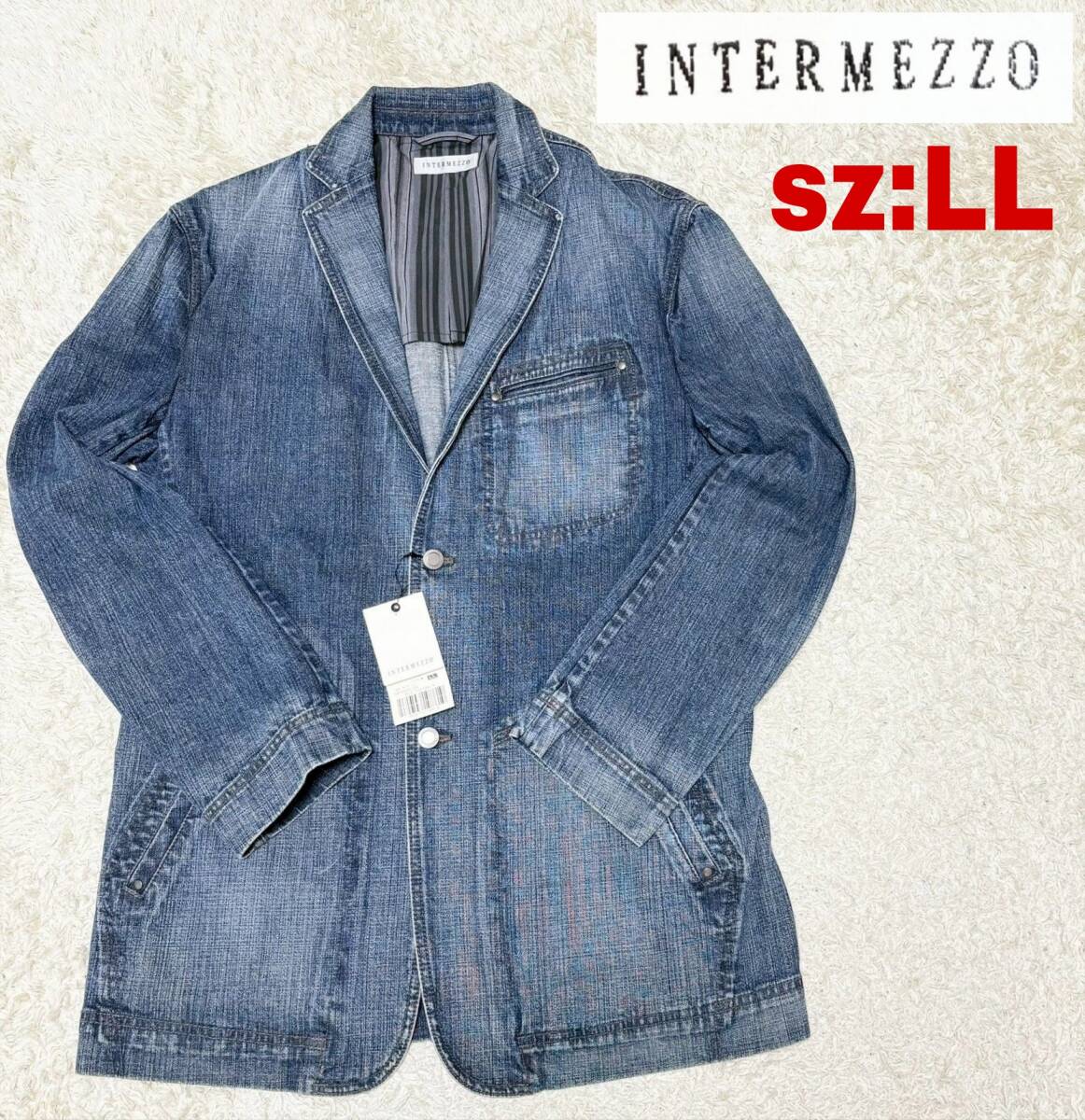 【未使用★大きいサイズLL】INTERMEZZO ダメージ加工 ストレッチデニム テーラードジャケット●インターメッツォ (11)_画像1