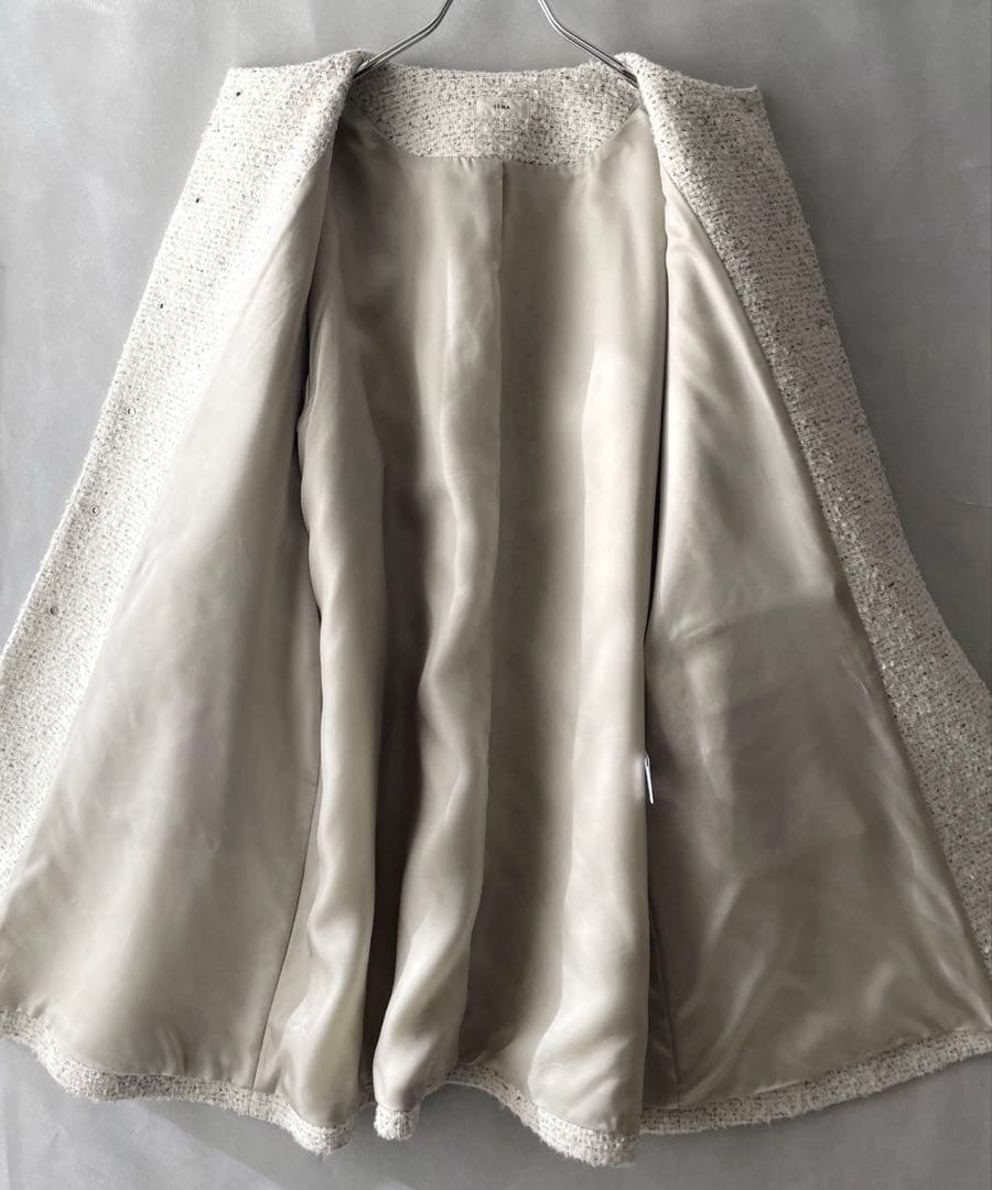 極美品 IENA イエナ ツイード ボリュームスリーブノーカラーコート レディース サイズS ゆったり36 白 ホワイト 定価4.9万_画像7