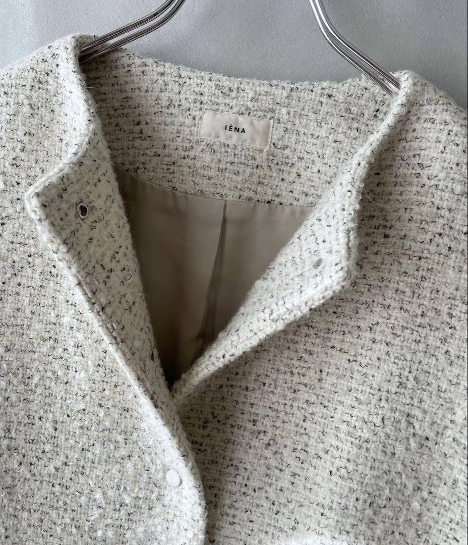 極美品 IENA イエナ ツイード ボリュームスリーブノーカラーコート レディース サイズS ゆったり36 白 ホワイト 定価4.9万_画像2