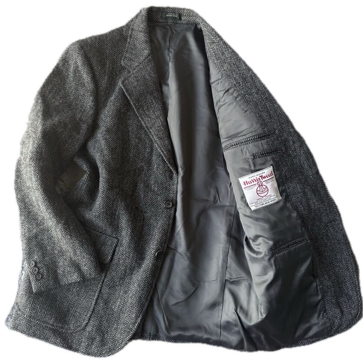 【Harris Tweed/ハリスツイード】テーラードジャケット ヘリンボーン グレー 秋冬 ウール 裏地 messenger メンズ 段返り 3B M〜Lサイズ相当_画像1