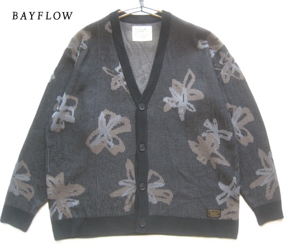 美品!!ベイフロー BAYFLOW*総織り柄 ウールタッチニットカーディガン F 実寸M～L 黒 ブラック SURF サーフ 海上がりに着たい_画像1