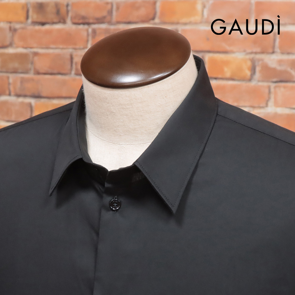 1円/GAUDI/Lサイズ/長袖シャツ C521GU45002 イタリア製 綿混 ストレッチ 無地 薄手 今期 ガウディ 新品/黒/ブラック/mc301/_画像1