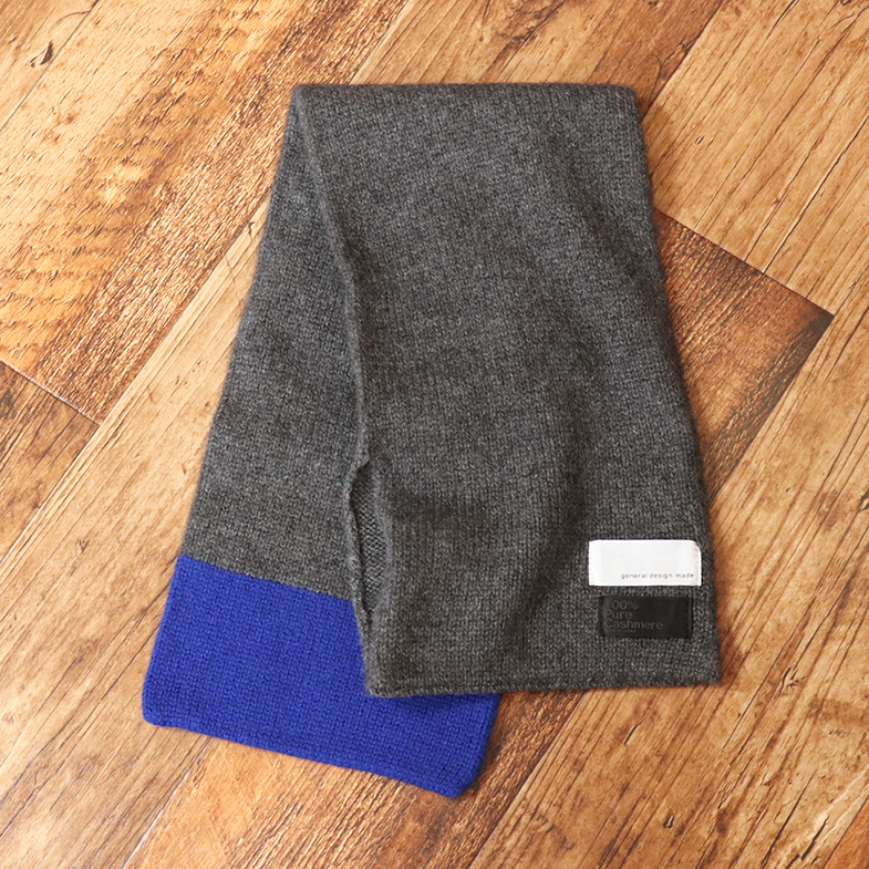 1円/general design made/カシミヤ100％ ニット ミニマフラー 日本製 メンズ ジェネラルデザインメイド 新品/グレー×青/jh331/_画像2