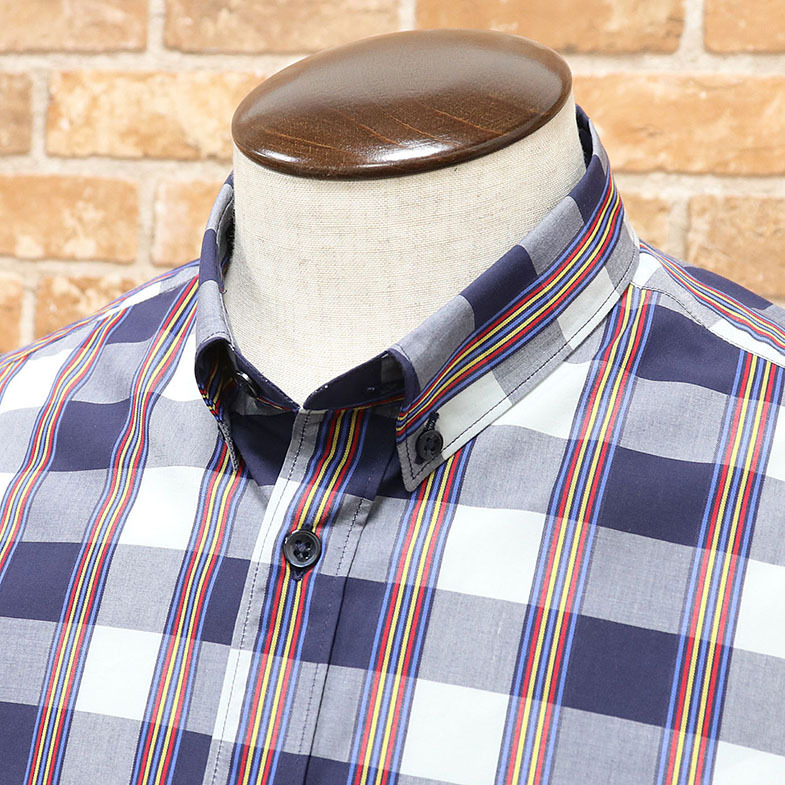 1円/春夏/Faconnable/Mサイズ/カジュアル シャツ 先染めチェック ライン柄 ボタンダウン 胸ポケット 半袖 新品/グレー×紺/me150/_画像3