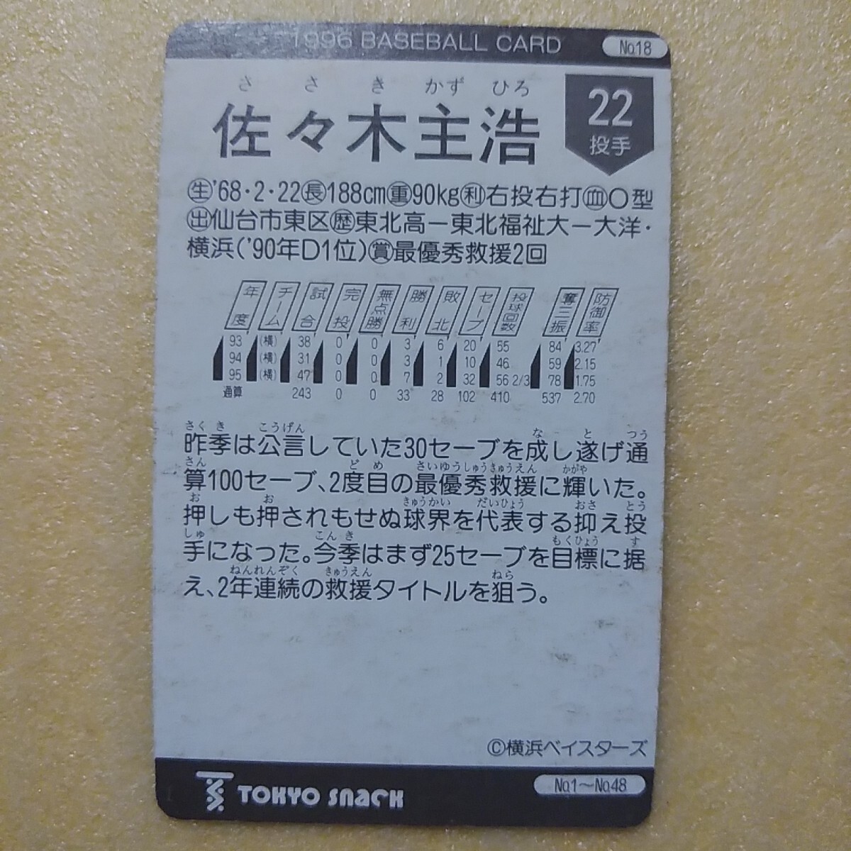  Tokyo снэки 1996 Calbee бейсбол карта N18 Sasaki ..( Yokohama )