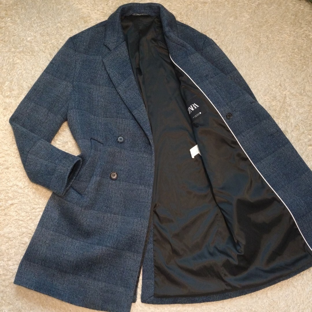 超希少XL！ザラ【大人の色気】ZARA チェスターコート ロングコート ネイビー アンコン 大きいサイズ 美シルエット 総裏地 高級感 42(LL_画像1