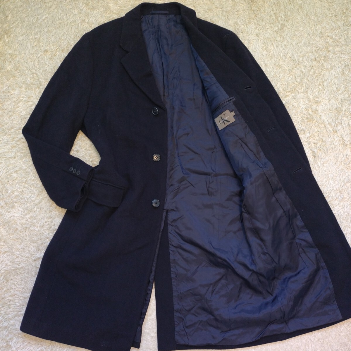 超希少XL相当！カルバンクライン【圧倒的高級感】Calvin Klein チェスターコート ロングコート ネイビー アンコン 裏艶感 ウール 3B LL_画像1
