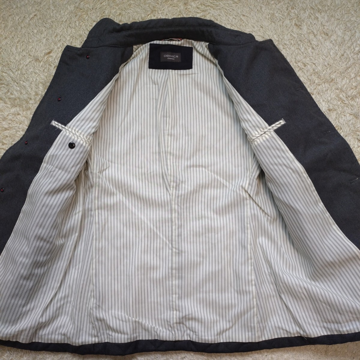 希少L！オリヒカ【お洒落の極み】ORIHICA キルティングコート ステンカラーコート グレー系 くるみボタン ウール100％ アンコン 本切羽 _画像8