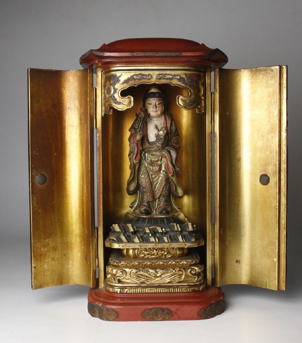 【LIG】時代仏教美術 木彫彩色 玉眼 鬼子母神像 27㎝ 朱塗厨子 細密彫金金具 寺院引取品 [.QEW]25.7_画像2