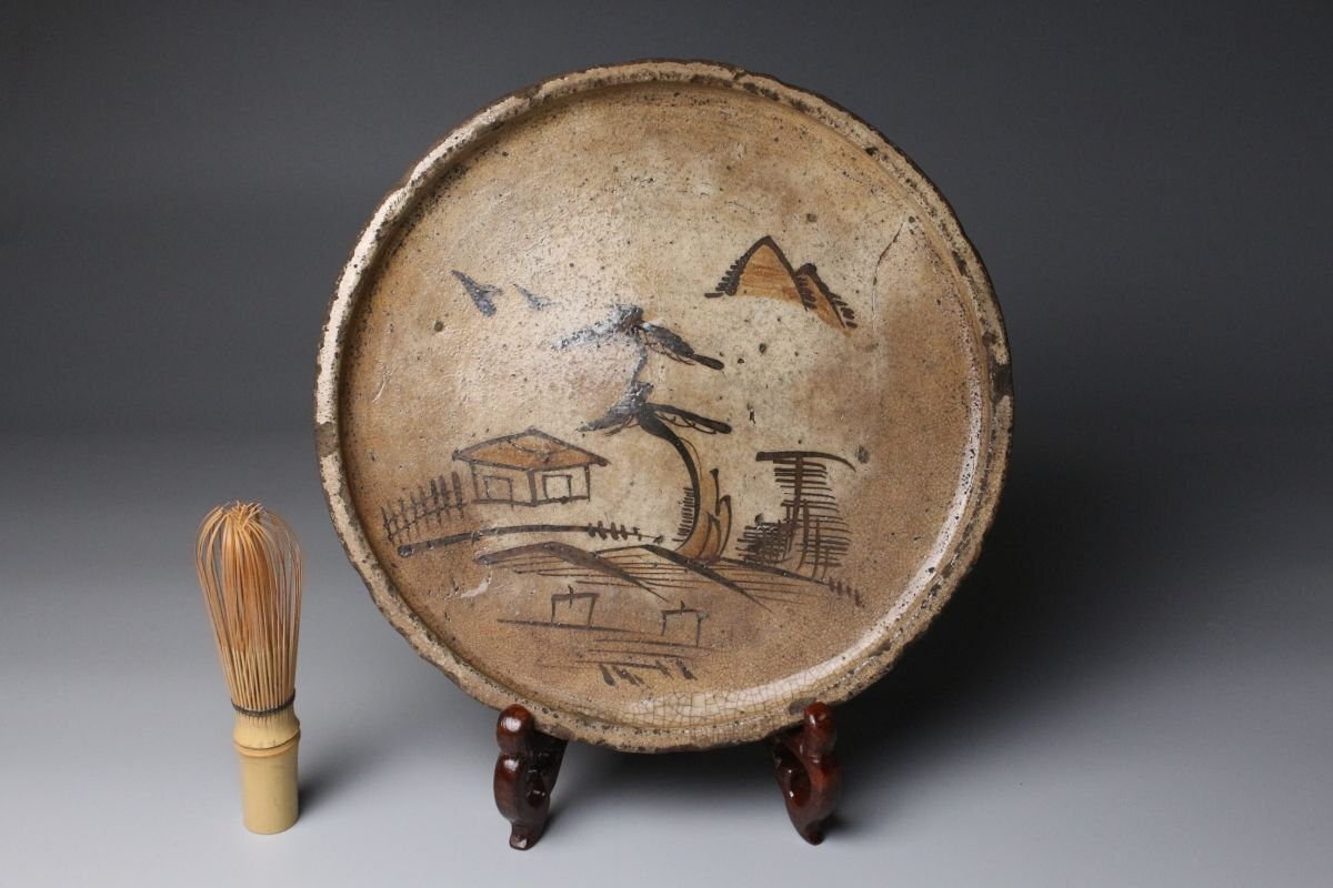 [LIG] Edo период старый Seto сельское хозяйство . пейзаж map камень тарелка Mino Oribe line лампа тарелка старый художественное изделие collector . магазин товар [.U]25.10