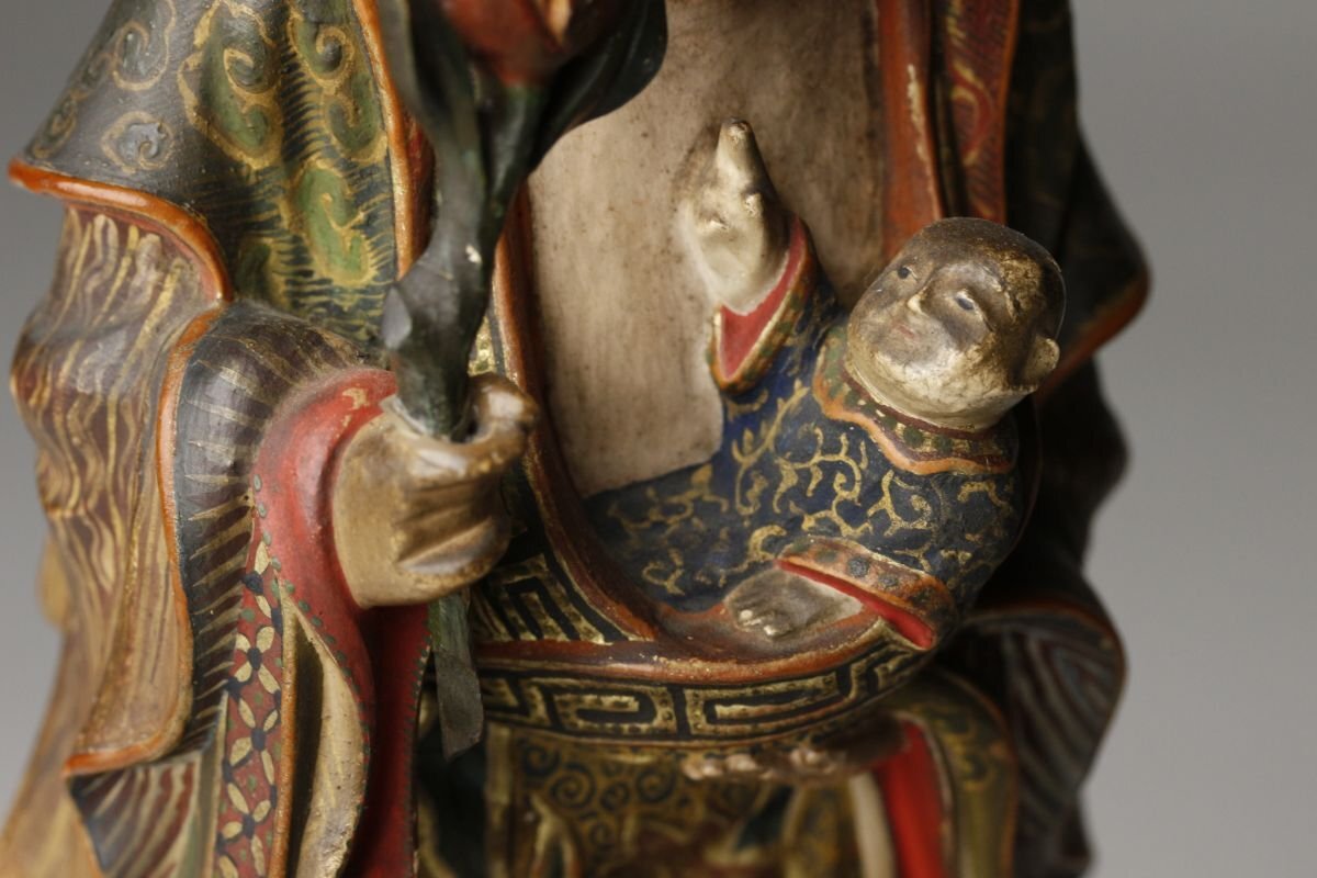 【LIG】時代仏教美術 木彫彩色 玉眼 鬼子母神像 27㎝ 朱塗厨子 細密彫金金具 寺院引取品 [.QEW]25.7_画像7