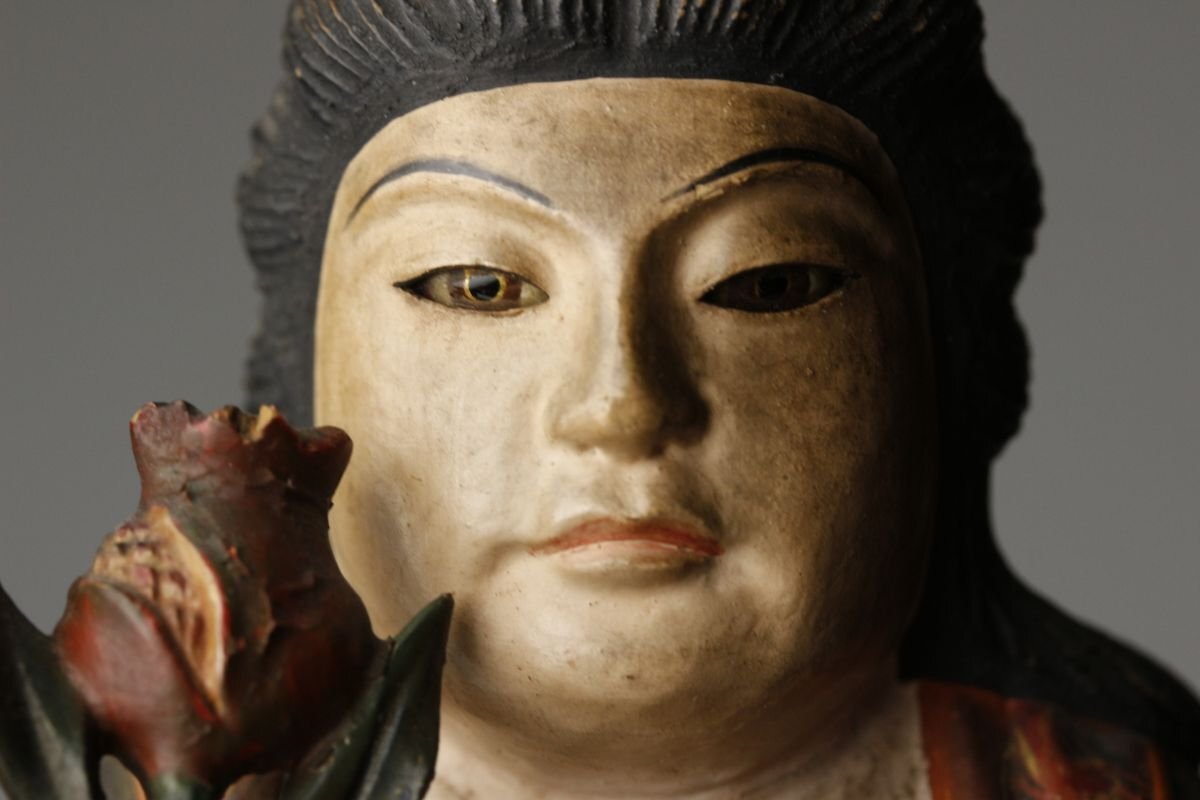 【LIG】時代仏教美術 木彫彩色 玉眼 鬼子母神像 27㎝ 朱塗厨子 細密彫金金具 寺院引取品 [.QEW]25.7_画像5