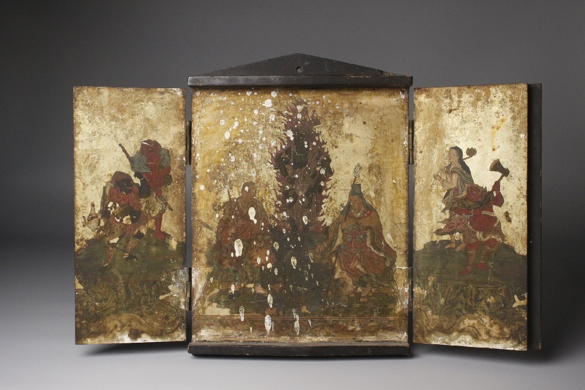 【LIG】平安～鎌倉時代 不動明王懐中厨子 黒漆塗彩色金泥 掛仏 板仏 金銅金具 [.WEW]25.9_画像2