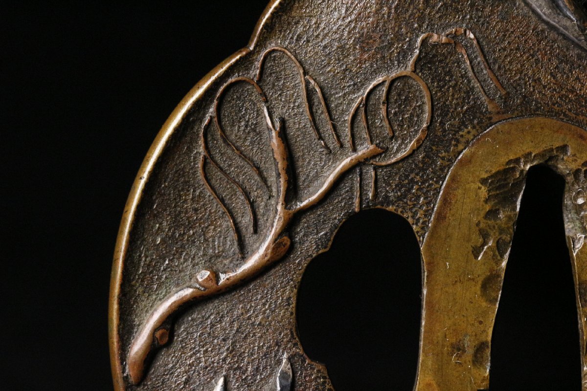 【LIG】江戸期 銅地 金銀銅象嵌 柳流水鳥図大鍔 8.2㎝ 刀装具 時代武具 コレクター収蔵品 [.QR]25.10_画像6