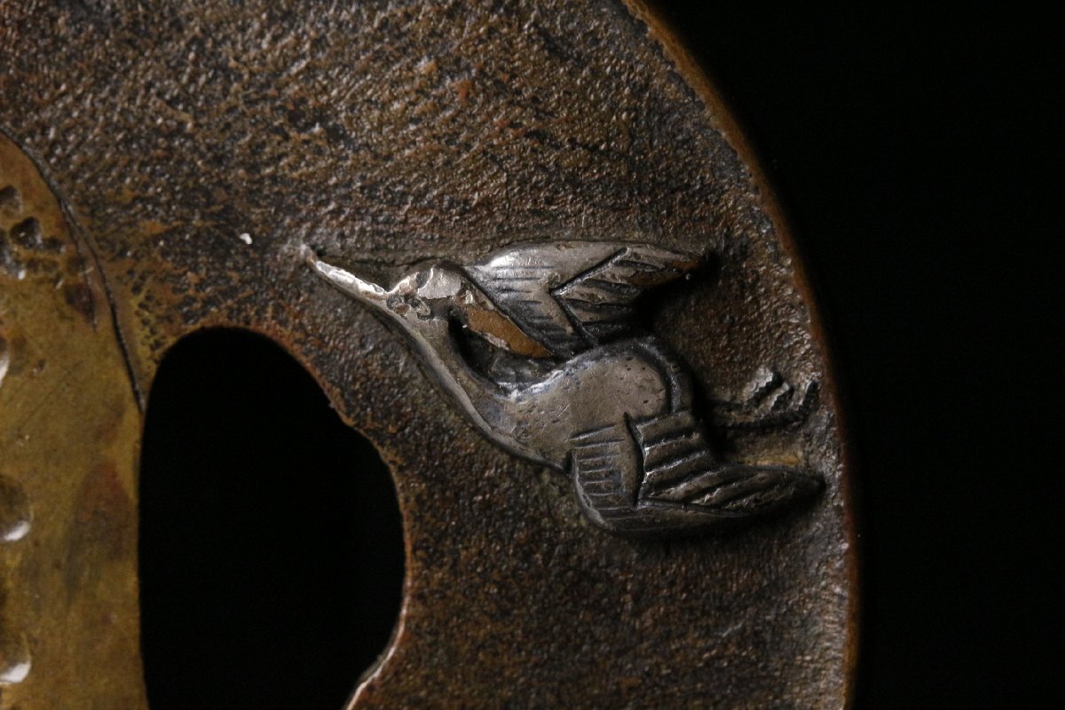 【LIG】江戸期 銅地 金銀銅象嵌 柳流水鳥図大鍔 8.2㎝ 刀装具 時代武具 コレクター収蔵品 [.QR]25.10_画像5