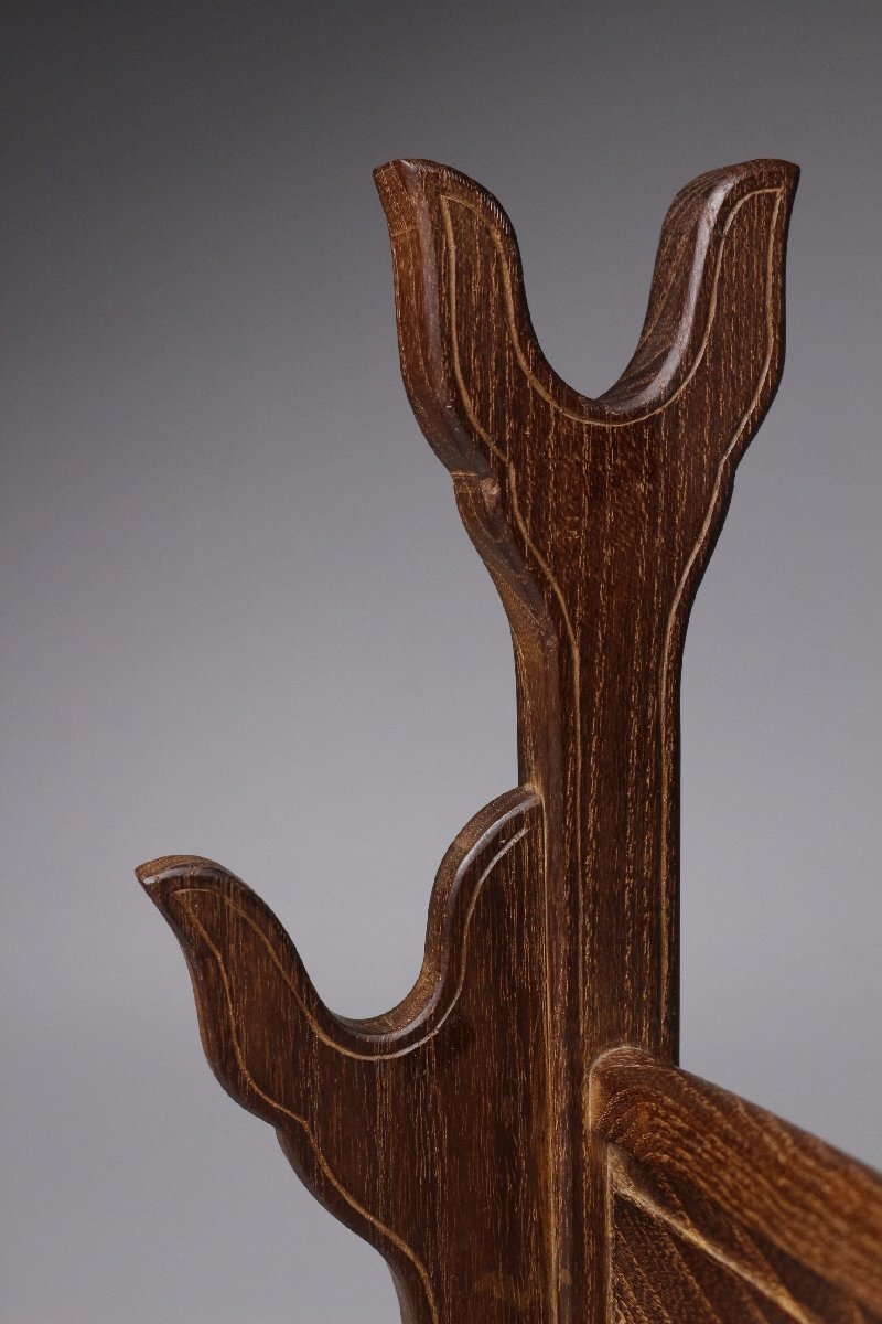 【LIG】時代 木造 透彫四割菱紋 刀掛 53㎝ 二本掛 刀架 刀装具 旧家収蔵品 [.R]25.11_画像9