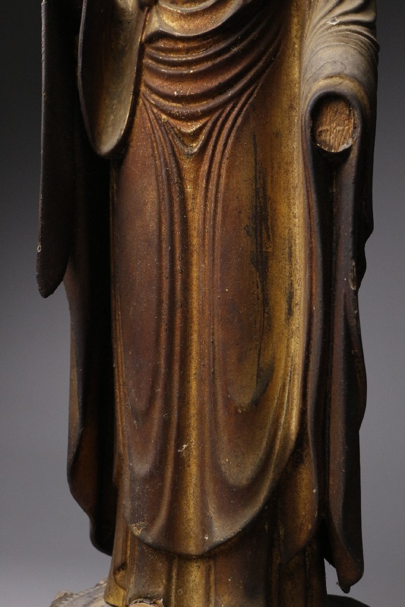 【LIG】江戸期 木彫鍍金 玉眼 如来立像 38㎝ 寺院引取品 [.QQ]25.11_画像7