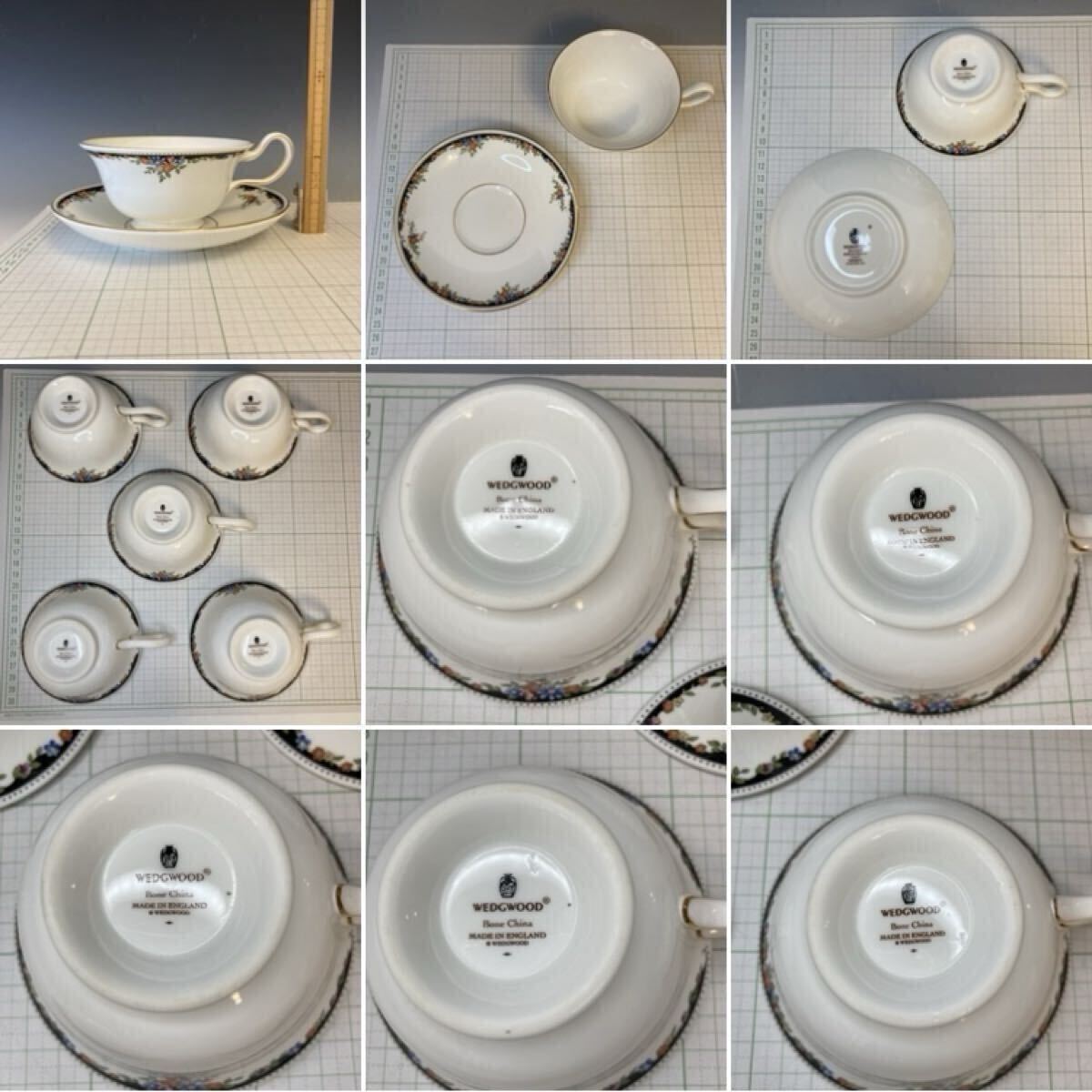 WEDGWOOD イングランド製 黒壺 ウェッジウッド オズボーン　ティーカップ＆ソーサー５客（ピオニー）USED ビンテージ 中古品_画像2