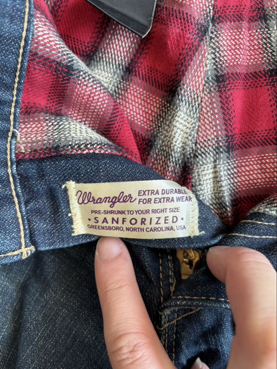 Wrangler 中国製 M デニムパンツ ブーツカットパンツ フレアパンツ インディゴ フェード ラングラー 裏地チェック デニム パンツ 古着 USED_画像6