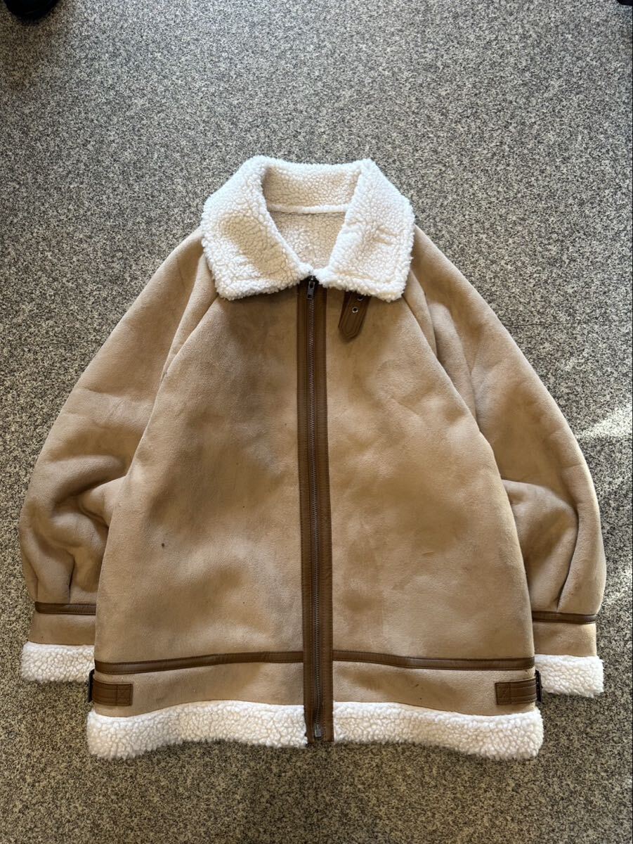 ムートンジャケット B-3 中国製 M フライトジャケット アウター ジップアップ トップス ベージュ フェイクレザー 襟ボア 古着 USED _画像1