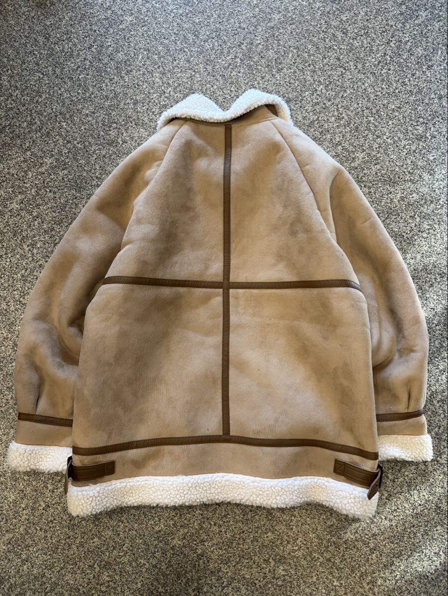 ムートンジャケット B-3 中国製 M フライトジャケット アウター ジップアップ トップス ベージュ フェイクレザー 襟ボア 古着 USED _画像2
