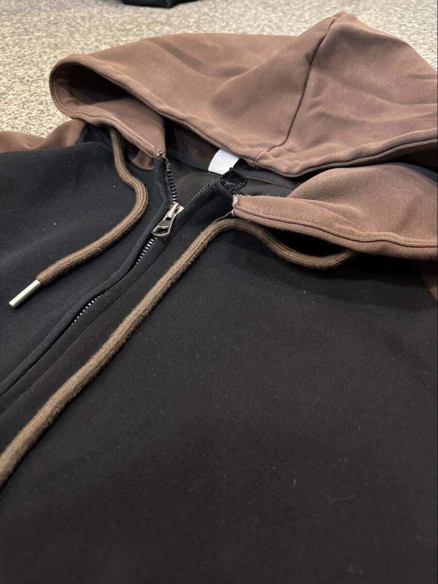 ジップパーカー フーディ XL トップス ジップアップ パーカー ブラウン ブラック ツートンカラー オーバーサイズ 無地 古着 USED ユーズド_画像6