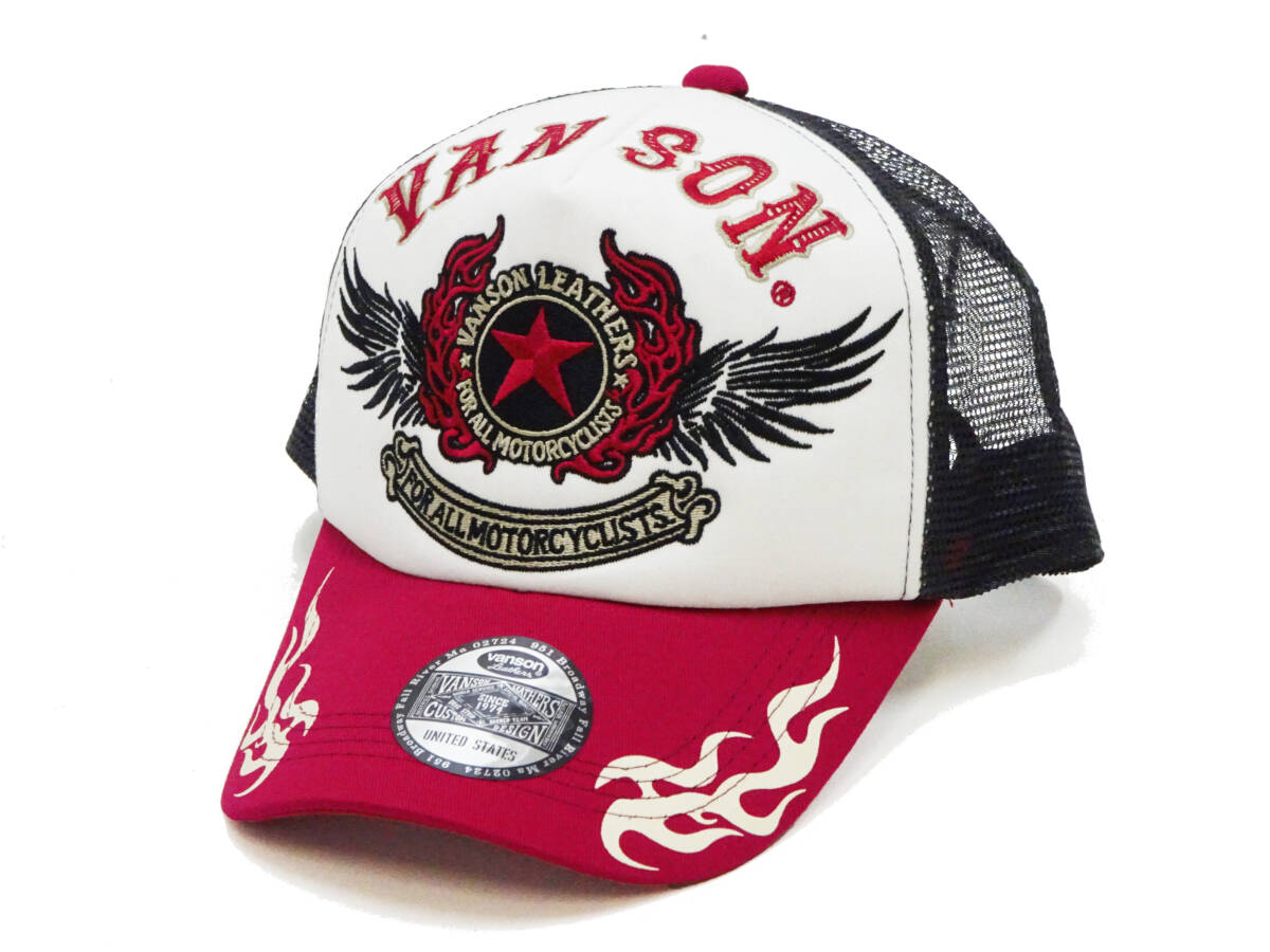 バンソン メッシュキャップ VANSON 帽子 刺繍＆ステッカー フライングスター ファイアーパターン NVCP-2510 オフホワイト×ワイン 新品_画像1