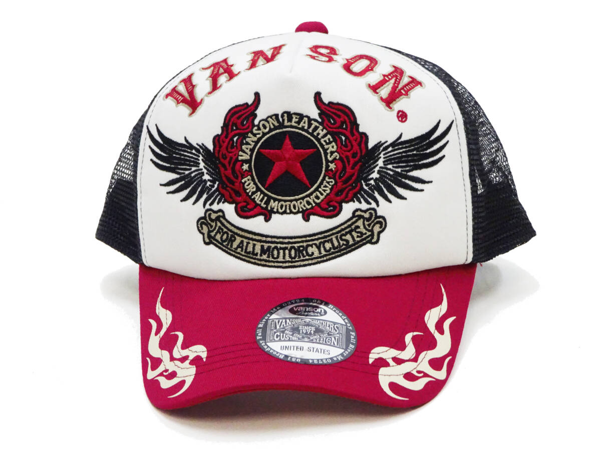 バンソン メッシュキャップ VANSON 帽子 刺繍＆ステッカー フライングスター ファイアーパターン NVCP-2510 オフホワイト×ワイン 新品_画像2