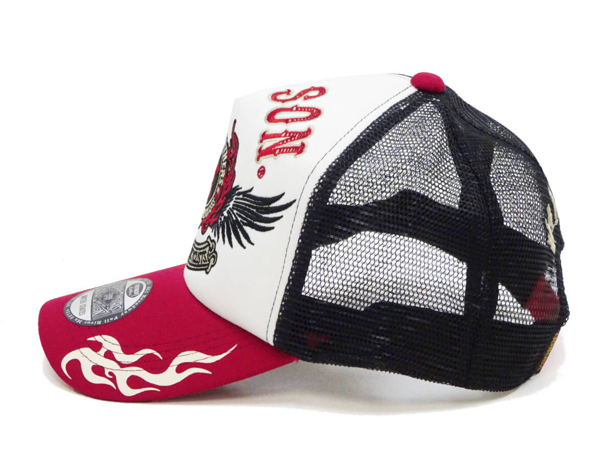 バンソン メッシュキャップ VANSON 帽子 刺繍＆ステッカー フライングスター ファイアーパターン NVCP-2510 オフホワイト×ワイン 新品_画像3