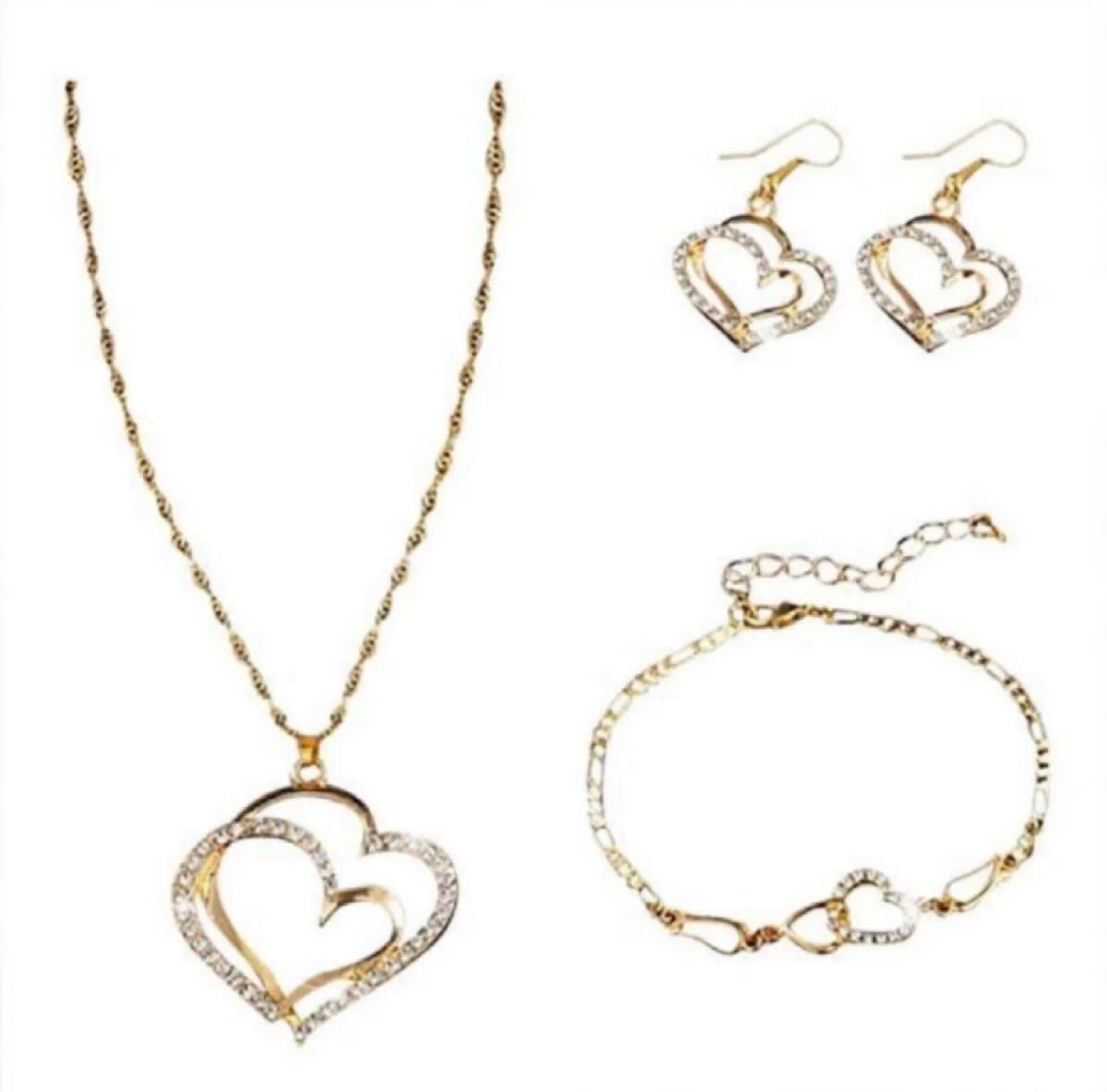 ネックレス ジュエリー アクセサリー ゴールド3点ジルコニア かわいい ピアス ブレスレットネックレス ハート_画像6