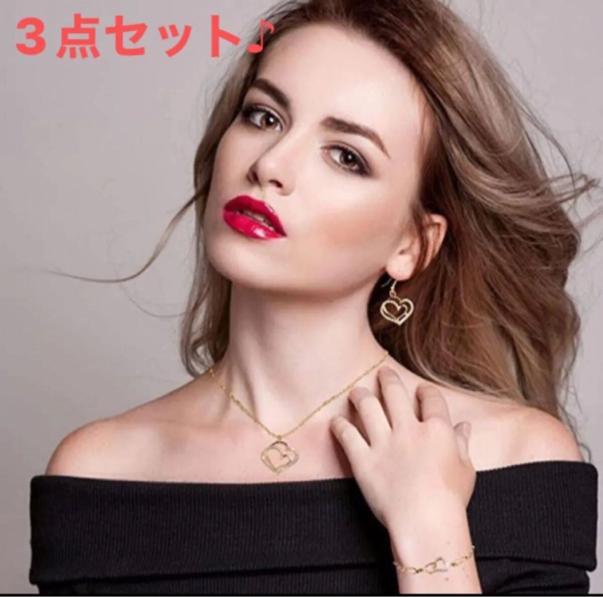 ネックレス ジュエリー アクセサリー ゴールド3点ジルコニア かわいい ピアス ブレスレットネックレス ハート_画像1