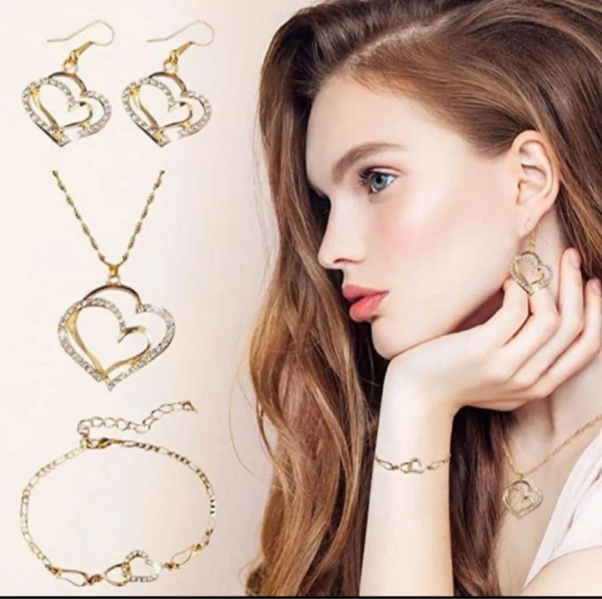 ネックレス ジュエリー アクセサリー ゴールド3点ジルコニア かわいい ピアス ブレスレットネックレス ハート_画像2