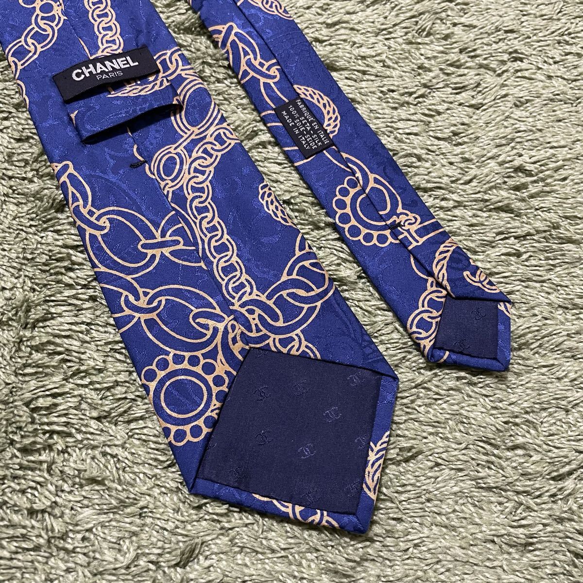 1円スタート! 未使用品 CHANEL シャネル ココマーク シルク100 ネクタイ イタリア製 ネイビー系 ビジネス レギュラータイ_画像3