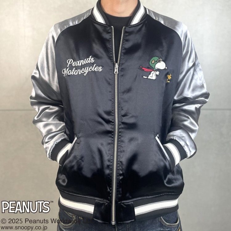 SNOOPY スヌーピーxFLAGSTAFFコラボリバーシブルスカジャン 453006 ブラック×シルバー L アメカジ バイカー バイク キャラクター PEANUTS_画像2