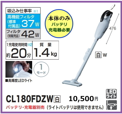 マキタ 充電式クリーナ CL180FDZW 白 本体のみ 18V 新品 掃除機 コードレス_画像1