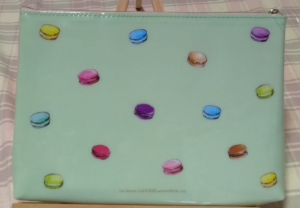 ♪スクレ・ラデュレ♪LADUREE♪マカロン&パティスリー柄♪ロゴ入り♪大きめフラットポーチ♪グリーン_画像4