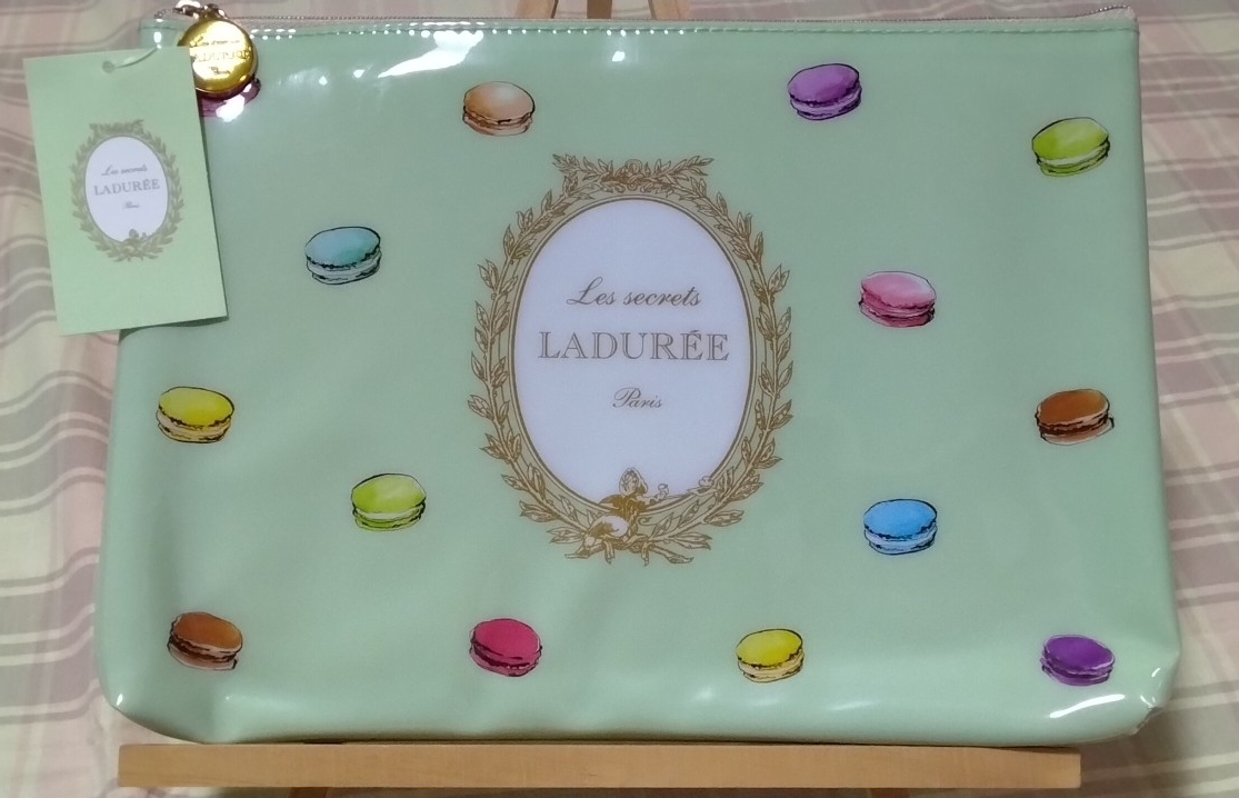 ♪スクレ・ラデュレ♪LADUREE♪マカロン&パティスリー柄♪ロゴ入り♪大きめフラットポーチ♪グリーン_画像1