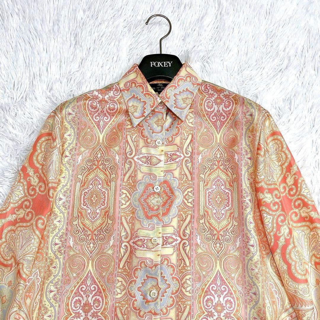 美品★ETRO★エトロ 絹シルク100% ペイズリー柄 長袖シャツ ブラウス サーモンピンク サイズ40_画像3