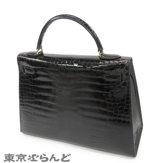101828904 エルメス ケリー32 〇W刻印 黒 ブラック ゴールド金具 ポロサス 外縫 2WAYハンドバッグ クロコダイル レディース ヴィンテージ_画像2