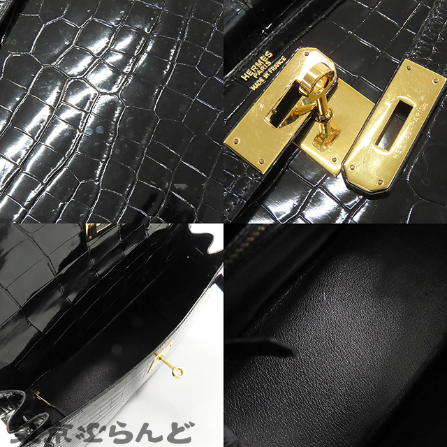 101828904 エルメス ケリー32 〇W刻印 黒 ブラック ゴールド金具 ポロサス 外縫 2WAYハンドバッグ クロコダイル レディース ヴィンテージ_画像8