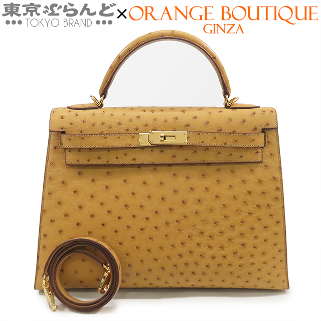 101829882 エルメス ケリー32 □J刻印 チェスナッツ ゴールド金具 オーストリッチ 外縫 2WAYハンドバッグ ショルダーバッグ レディース_画像1