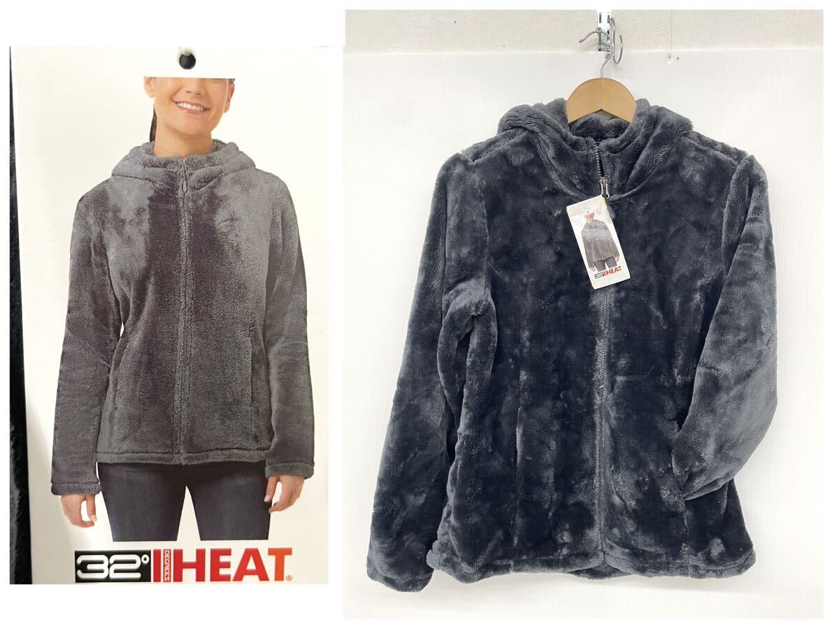 新品■32°HEAT レディース もこもこ フルジップ パーカー S エボニー 光沢のある 黒 防寒 ._画像1
