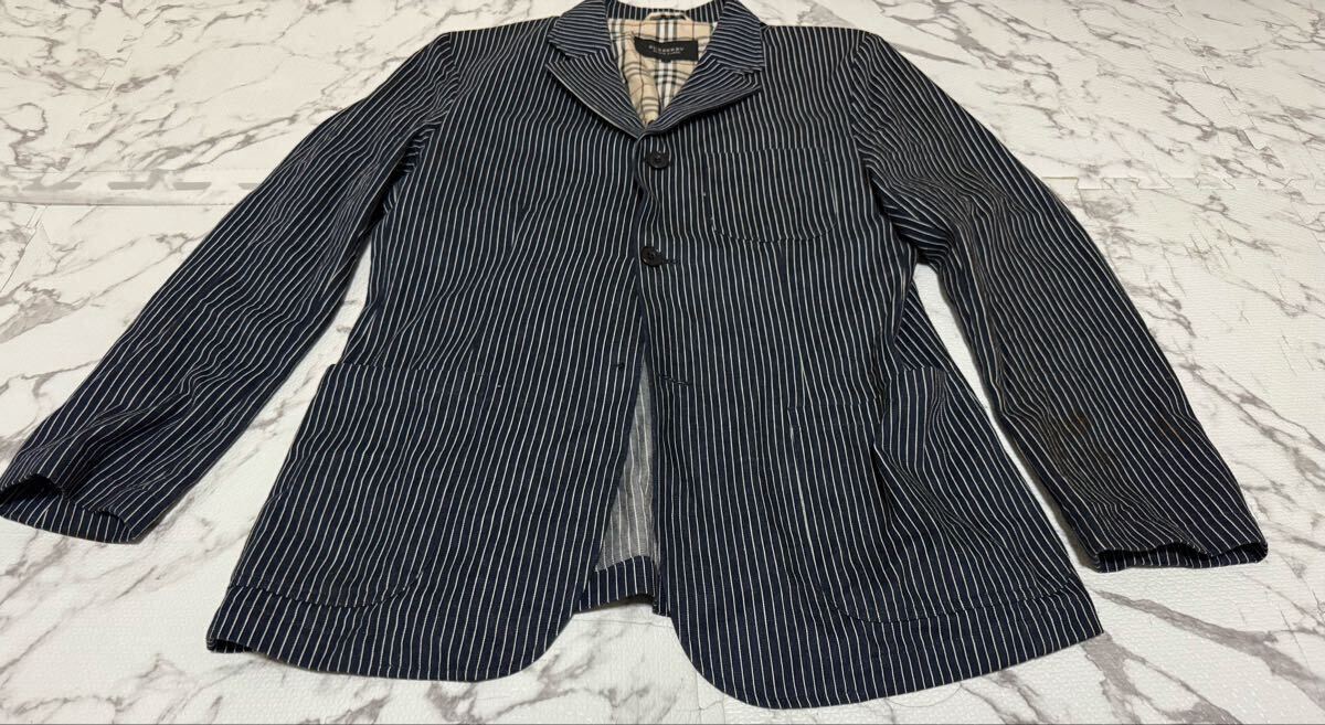 ★BURBERRY BLACK LABEL バーバリーブラックレーベル ジャケット テーラードジャケット ストライプ ノバチェック ネイビーメンズ Lサイズ_画像1