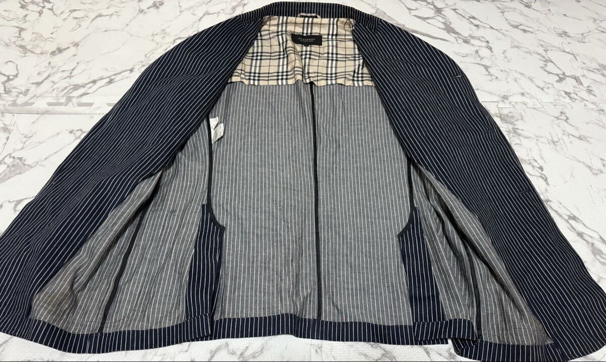 ★BURBERRY BLACK LABEL バーバリーブラックレーベル ジャケット テーラードジャケット ストライプ ノバチェック ネイビーメンズ Lサイズ_画像4